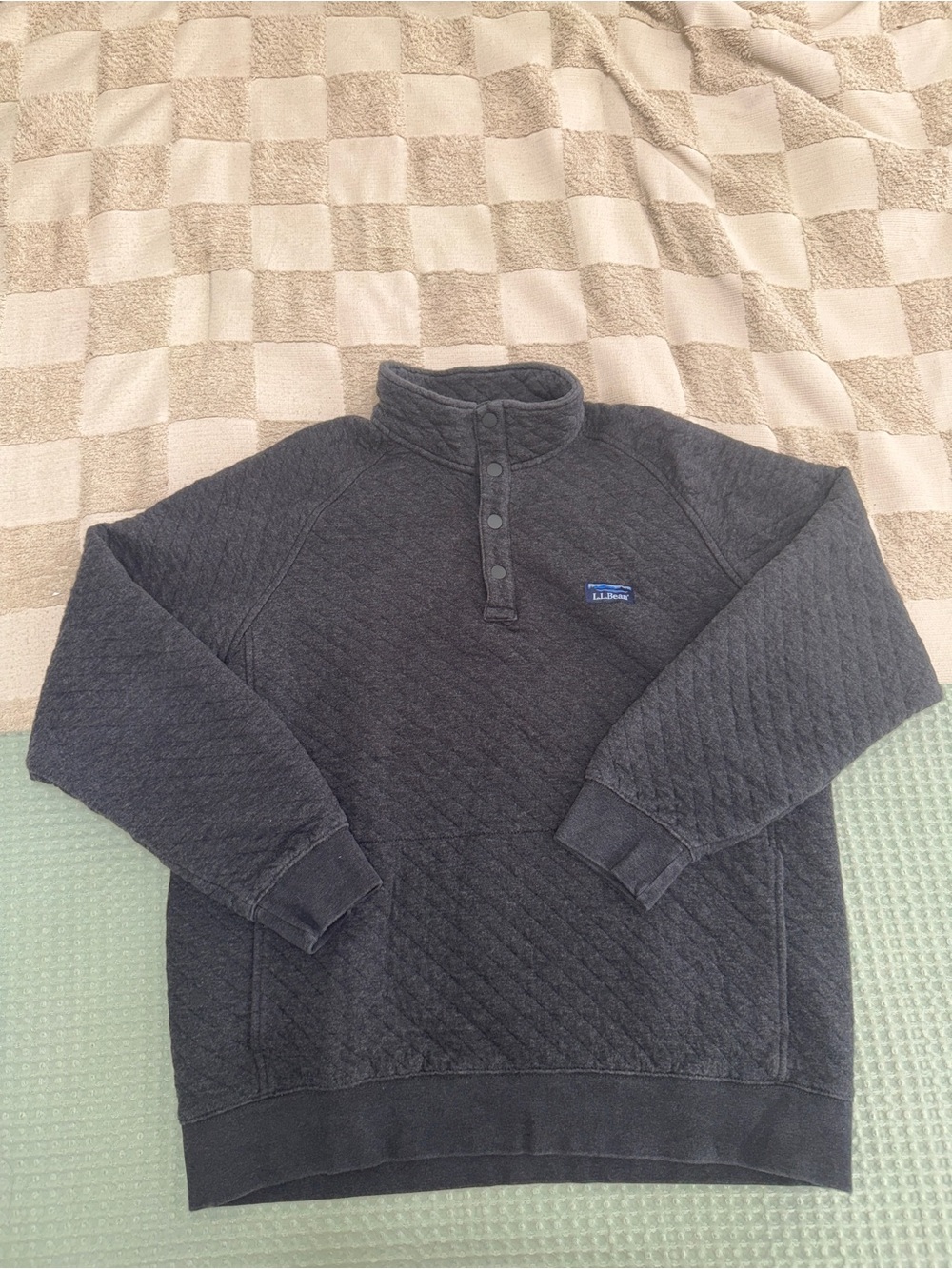 LL Bean Mens Quilted Sweatshirt Quarter Snap Pullover Gray Large L Reg